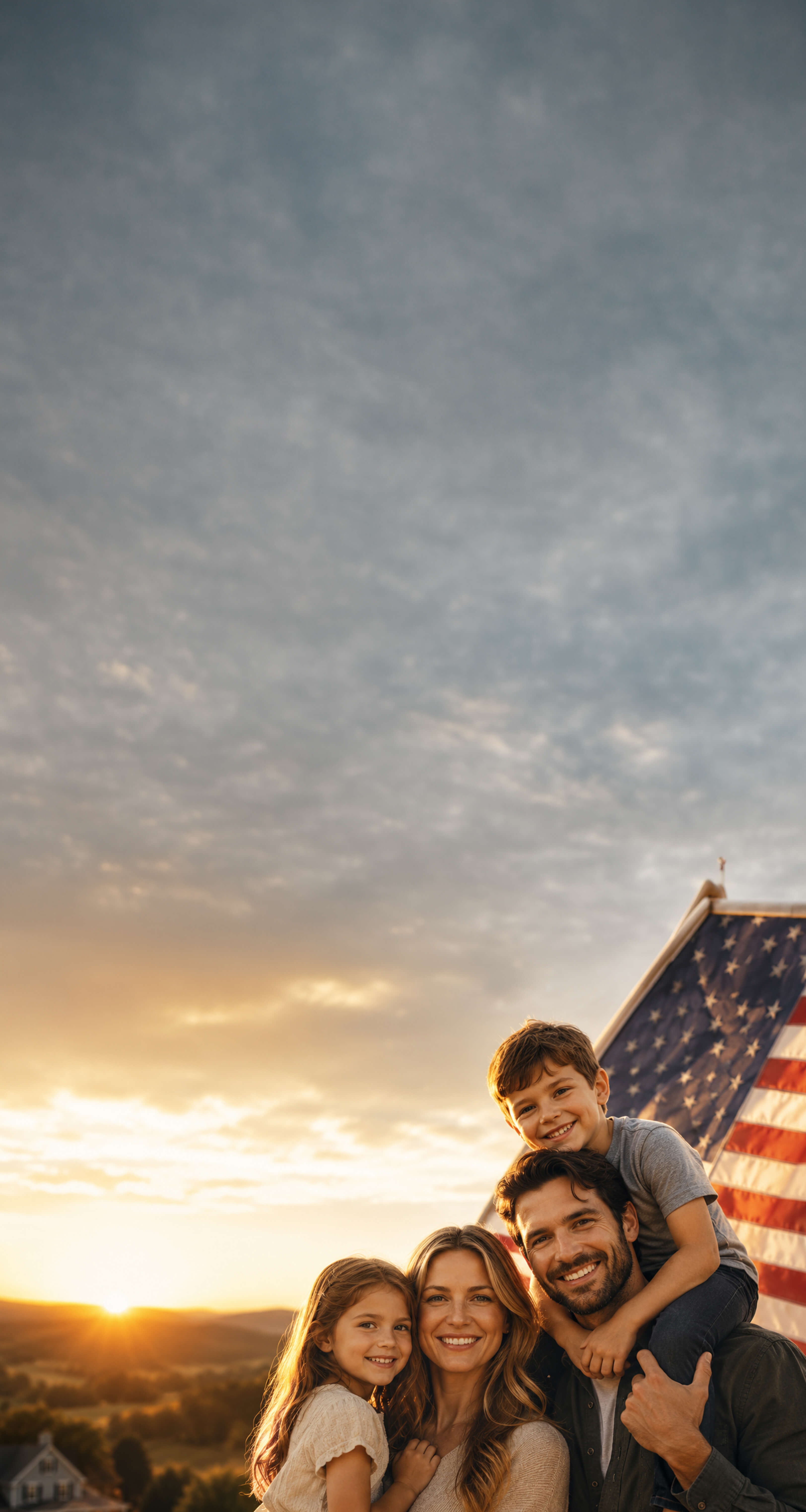 Family at sunset with an American flag
